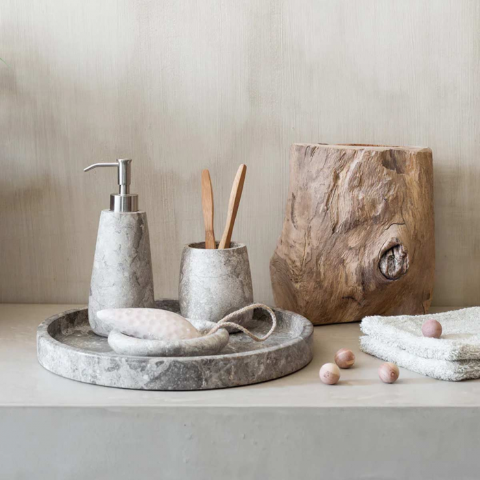 Conor - Set Dispenser sapone e porta spazzolini in pietra naturale