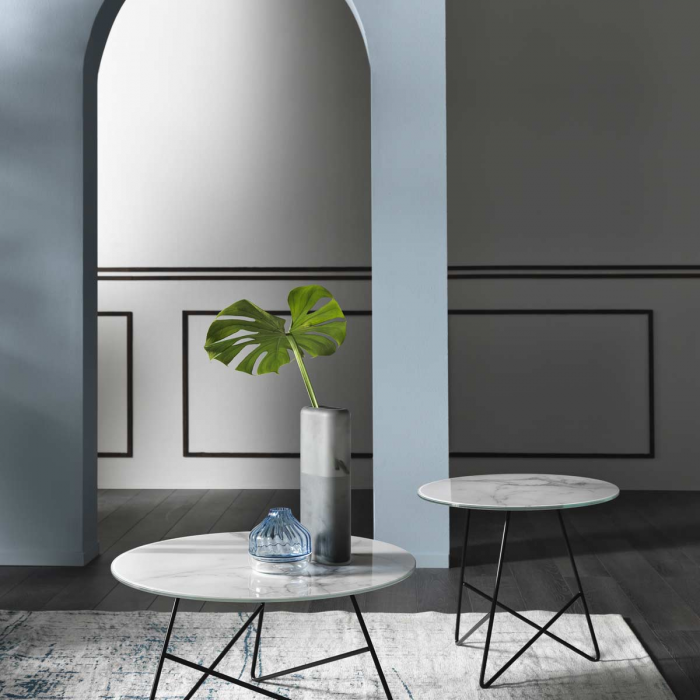 Ermione - tavolino in vetro-marmo bianco Calacatta - 90 cm