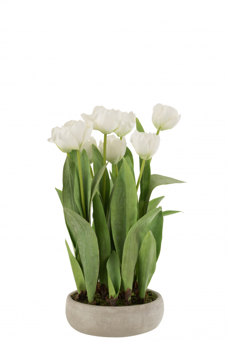 Tulip - Tulipani bianchi artificiali in vaso grigio cemento