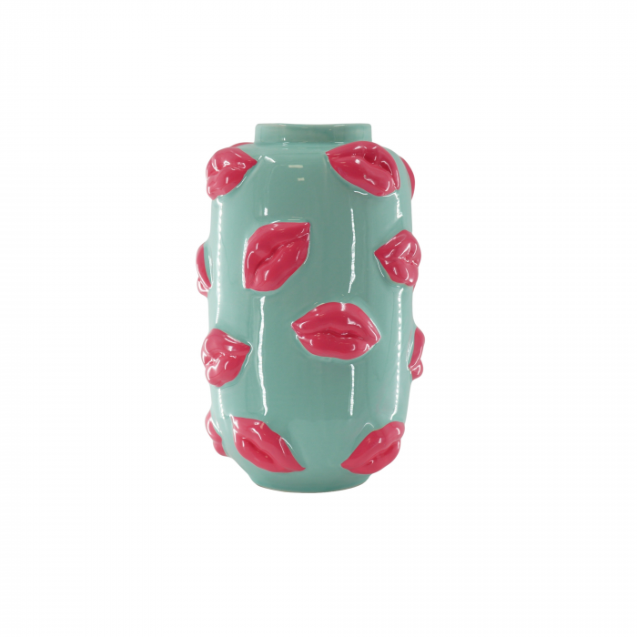 Kisses - Vaso in ceramica verde menta con decorazione baci