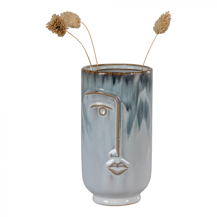 Face - Vaso in ceramica, 2 toni di blu, con volto