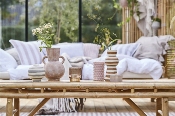 Aniella - Vaso tondo grigio e bianco con decorazione a righe