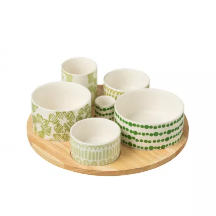 Apero - Set di 6 Appetizer con vassoio in bamboo, fantasia verde
