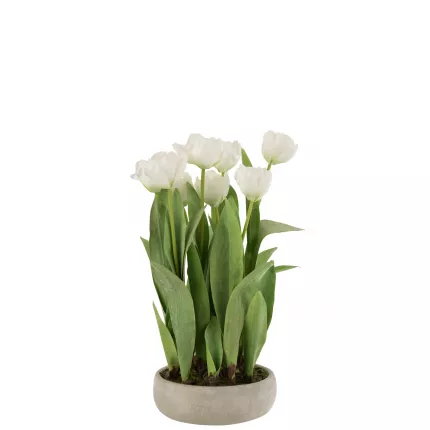 Tulip - Tulipani bianchi artificiali in vaso grigio cemento